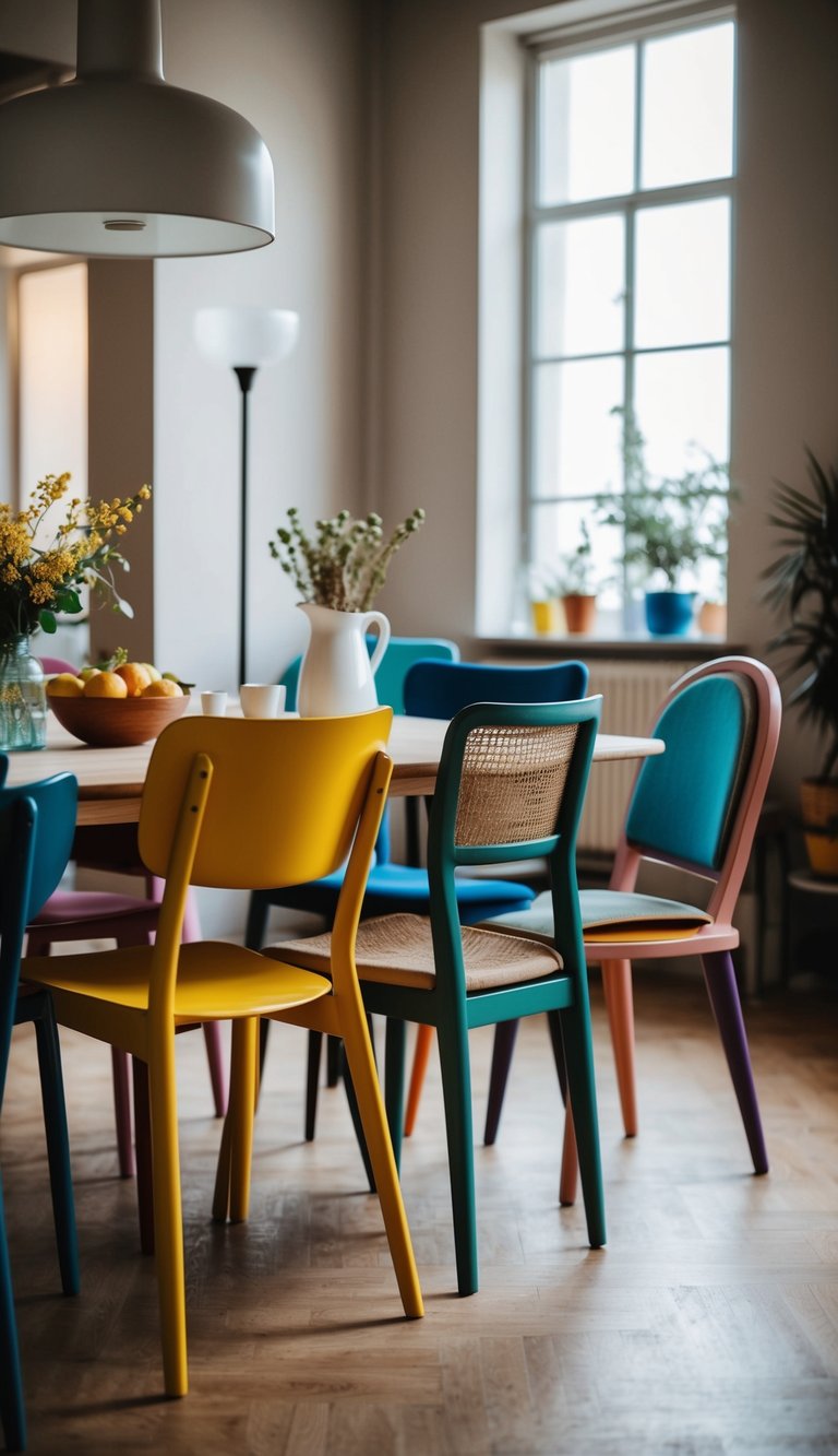 A dining table set with mismatched chairs in various styles and colors, creating an eclectic and inviting atmosphere