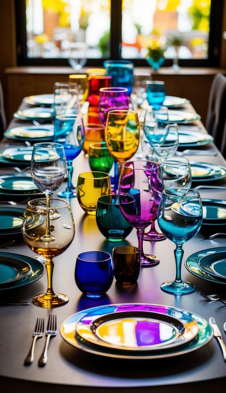 A dining table adorned with various colored glassware, reflecting the light and creating a vibrant and elegant atmosphere