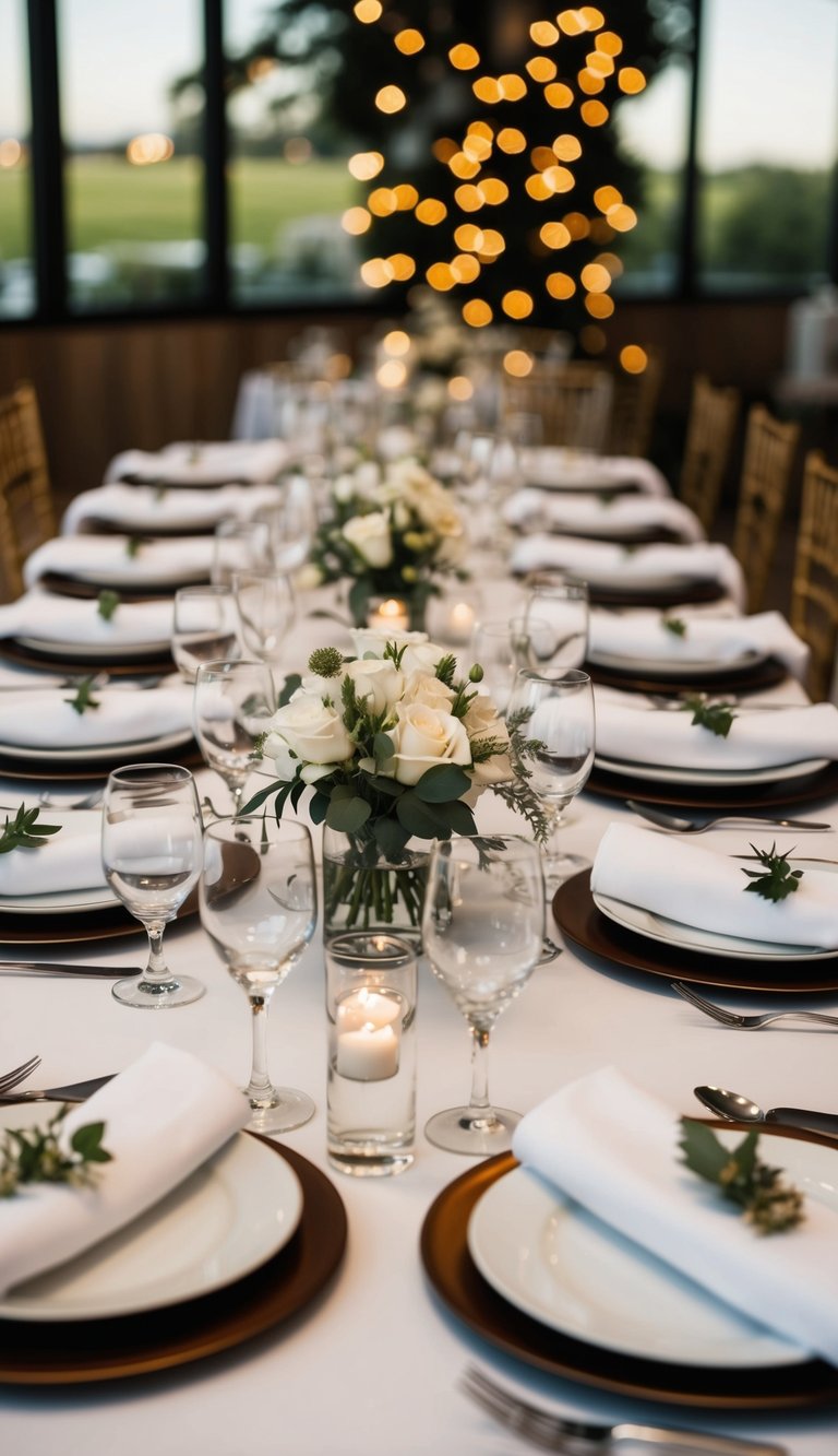 Ten table settings with elegant white napkins