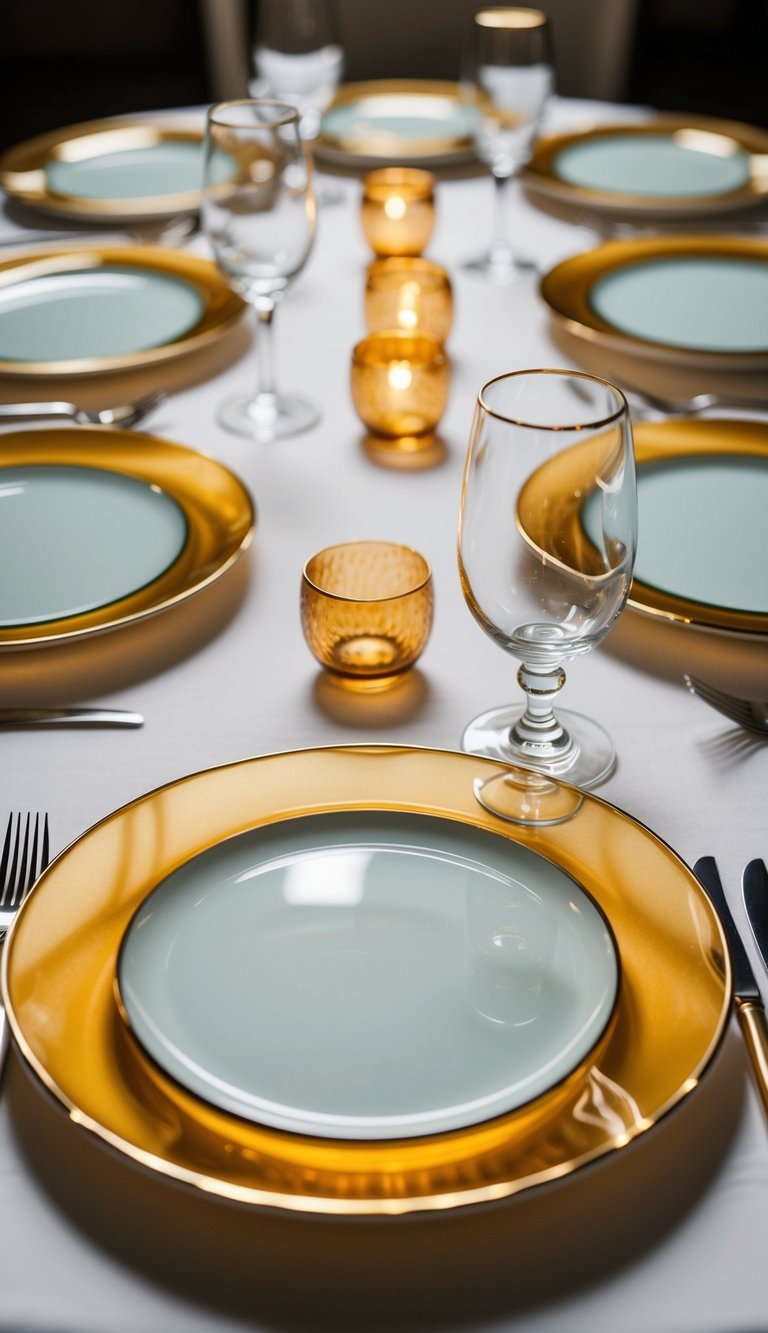 Ten gold-rimmed glass plates arranged on a table for dining