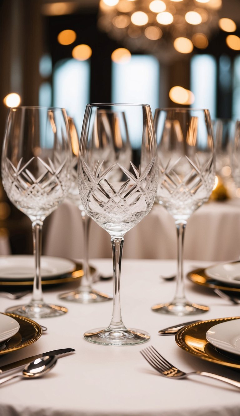Ten crystal wine glasses arranged on elegant table settings