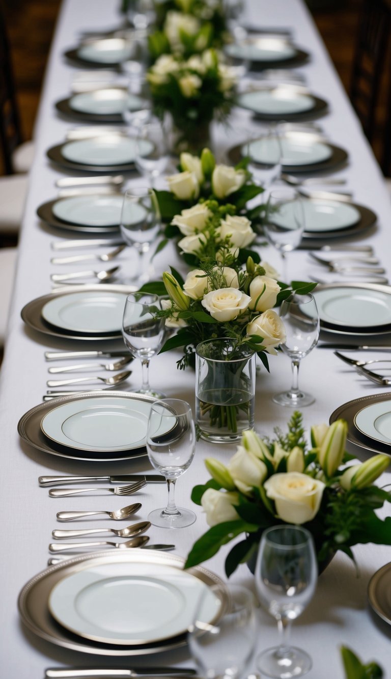 A formal dining table set with 10 silver cutlery settings, arranged neatly on white linen tablecloth