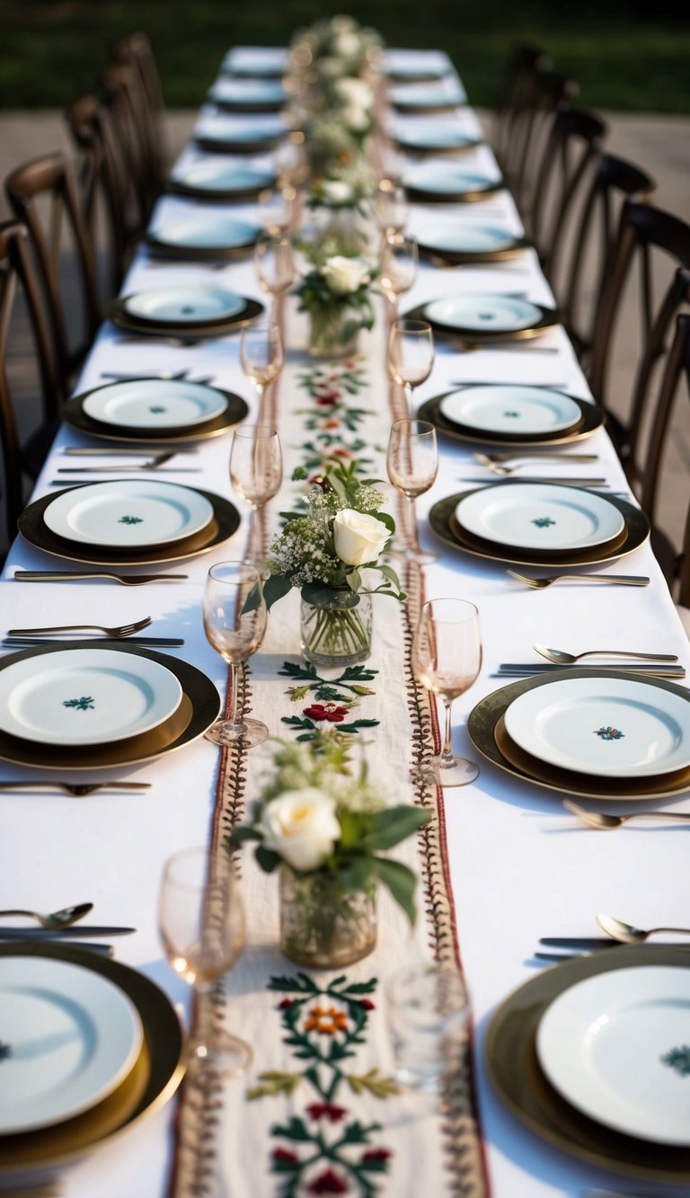 A long table set with 10 place settings, each adorned with an embroidered table runner