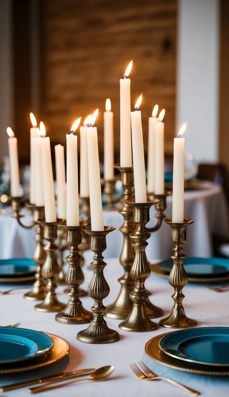 Ten vintage candle holders arranged on a table with matching table settings