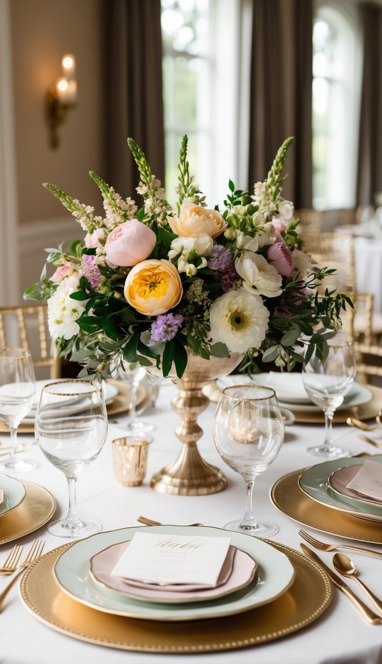 A floral centerpiece adorns a table set for 10, with elegant place settings and decorative accents