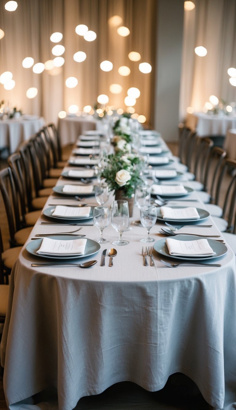 A linen tablecloth draped over a long table, set with 10 place settings of plates, utensils, and glassware