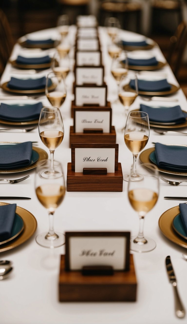 Ten table settings with place card holders arranged in a formal dining setting