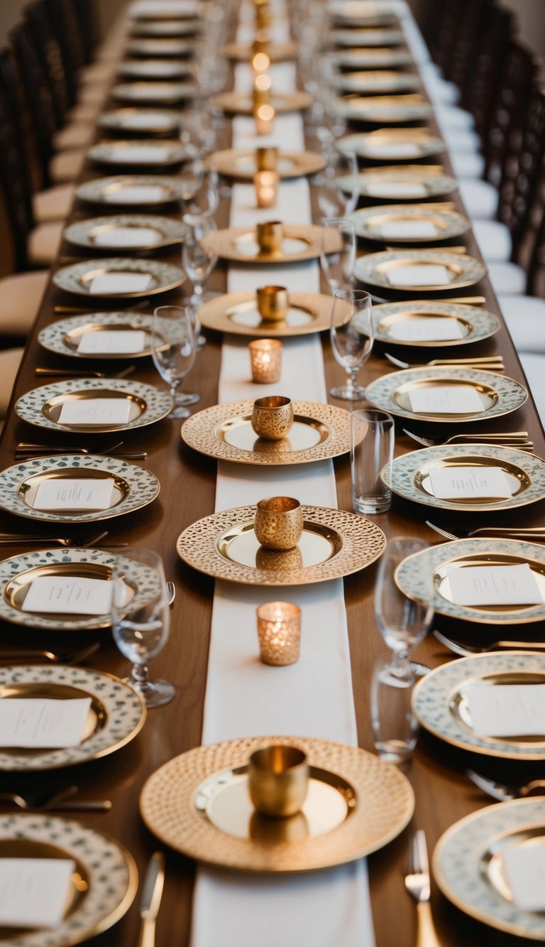 Ten table settings with decorative chargers arranged in a symmetrical pattern