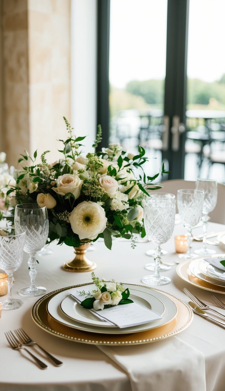 Elegant wedding table settings with fine china, crystal glasses, and fresh floral centerpieces