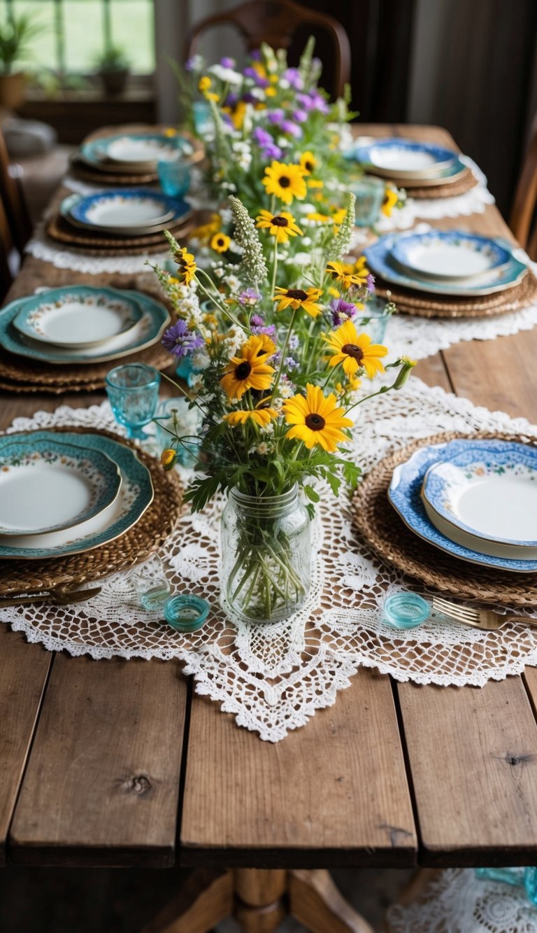 A wooden table adorned with vintage lace, wildflowers, and mismatched antique dishes