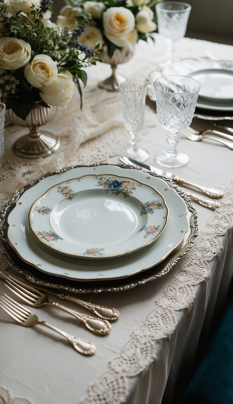 A table set with vintage elegance: delicate lace tablecloth, antique silver cutlery, ornate china plates, and crystal glassware