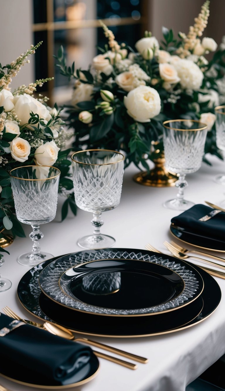 A sleek, black and gold table setting with crystal glassware, elegant flatware, and opulent floral centerpieces