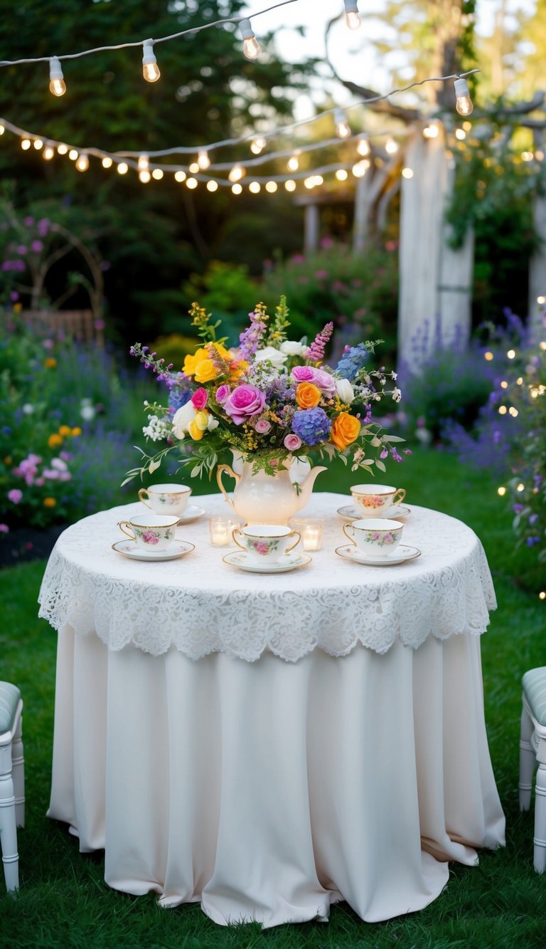 A table adorned with colorful flowers, vintage teacups, and delicate lace, set in a whimsical garden with twinkling fairy lights