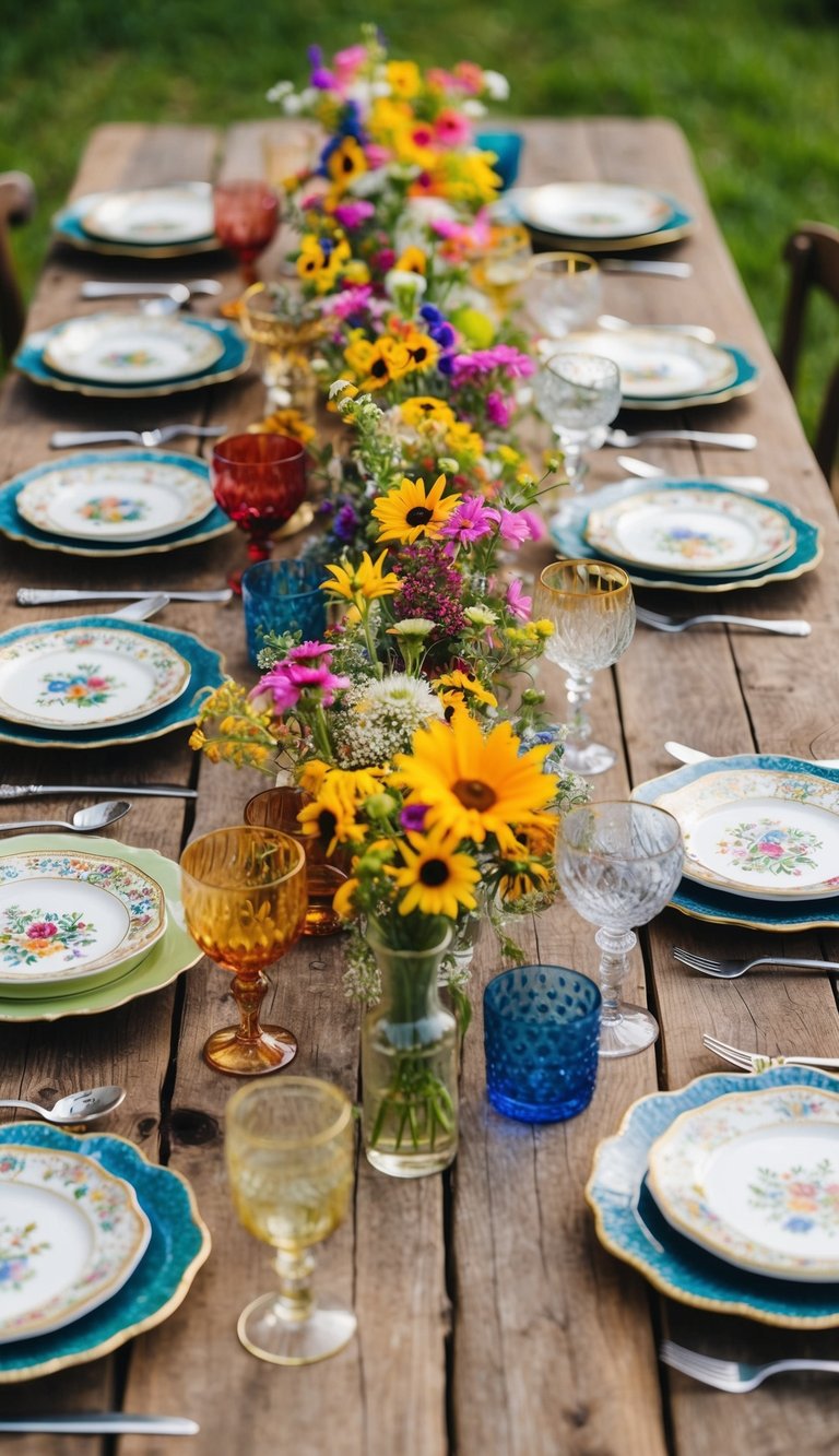 A rustic wooden table adorned with eclectic mix of vintage plates, colorful glassware, and wildflower centerpieces