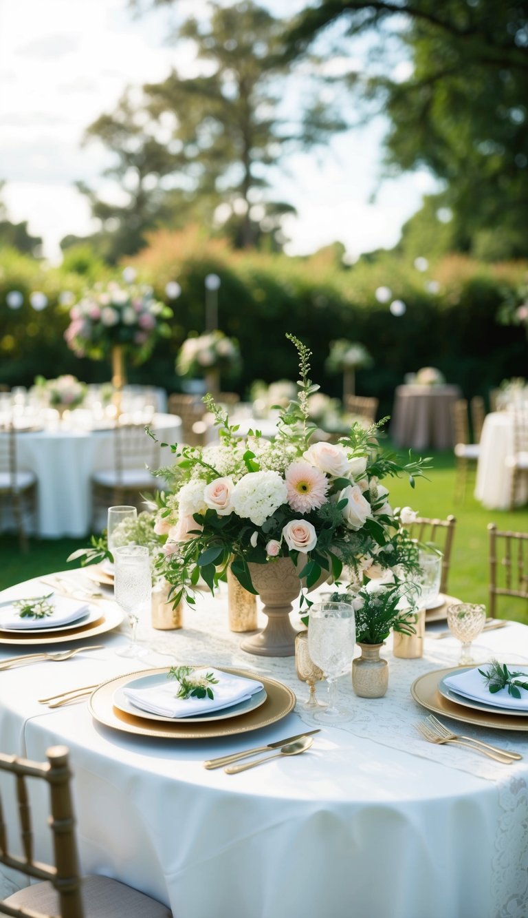 A garden party wedding table setting with floral centerpieces, elegant place settings, and delicate lace tablecloths