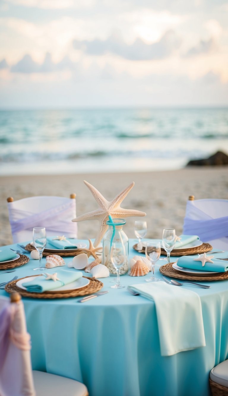 A beach-themed wedding table with seashells, starfish, and pastel-colored linens