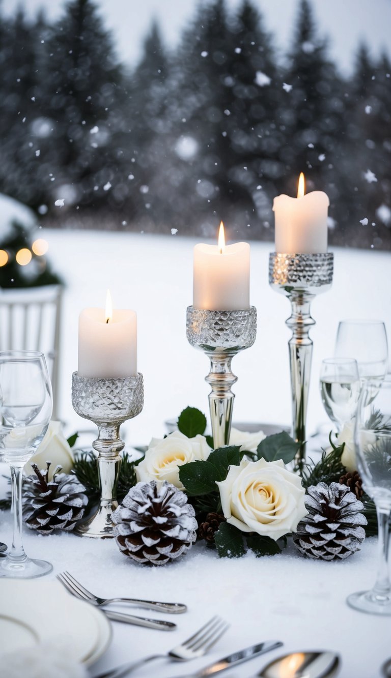 A snowy landscape with frosted pinecones, silver candle holders, and white roses adorning the wedding table settings