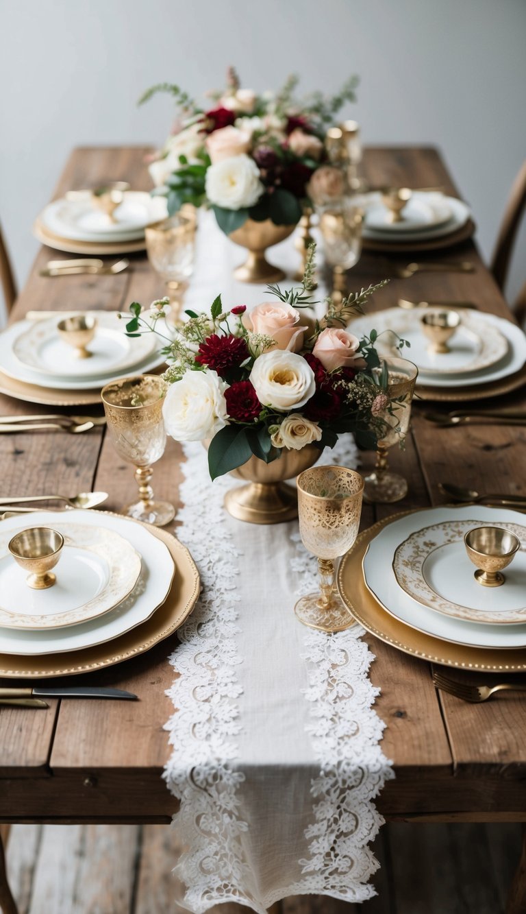 A rustic wooden table adorned with elegant floral centerpieces, vintage lace table runners, and gold-accented dinnerware