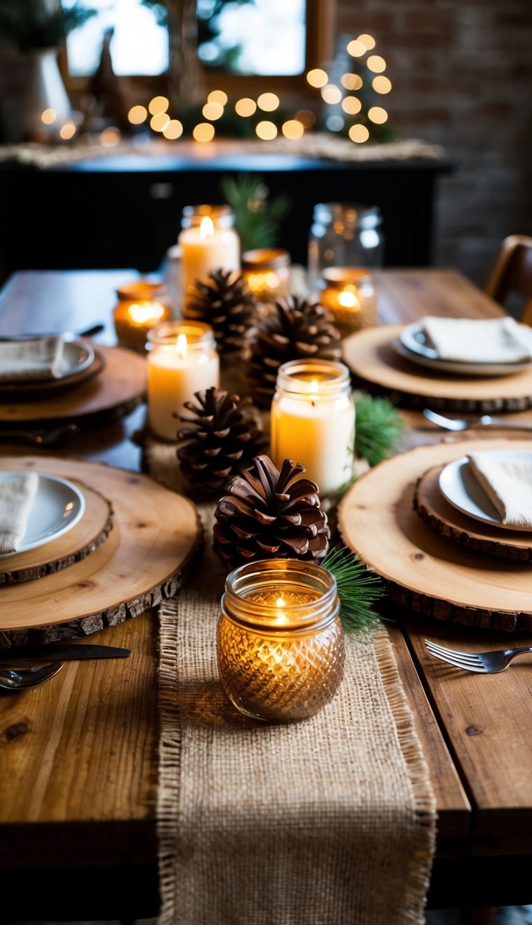 A cozy table set with rustic charm: wooden chargers, burlap runners, pinecones, and flickering candles in mason jars