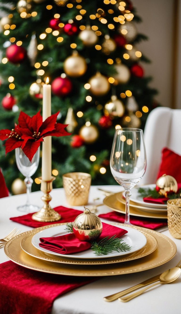 A festive table set with elegant gold accents for Christmas