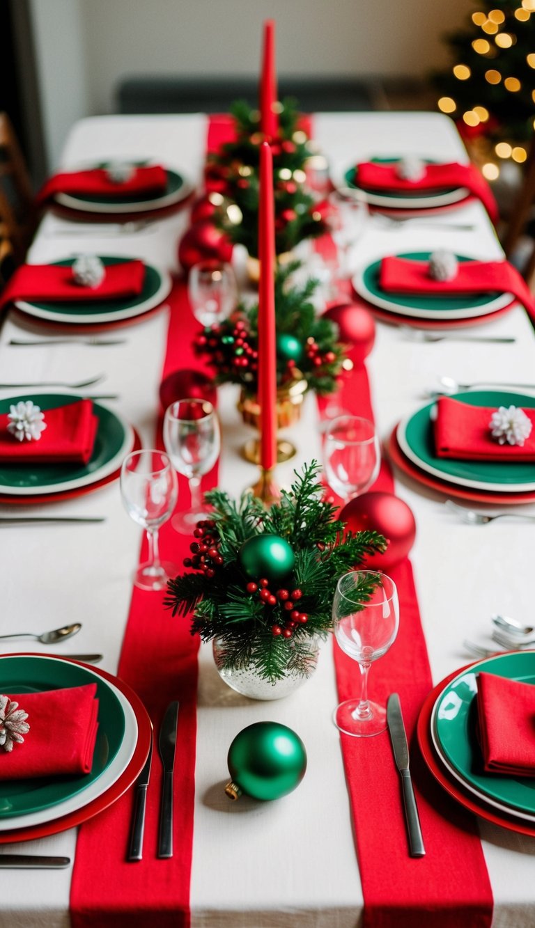 A festive table with red and green decorations, including a tablecloth, napkins, plates, and centerpieces