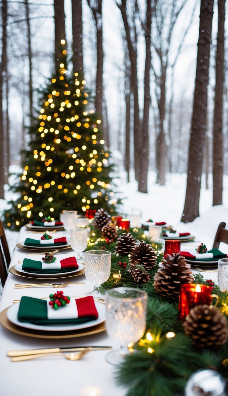 A snowy woodland scene with a festive table set for Christmas, adorned with sparkling lights, pinecones, and red and green accents