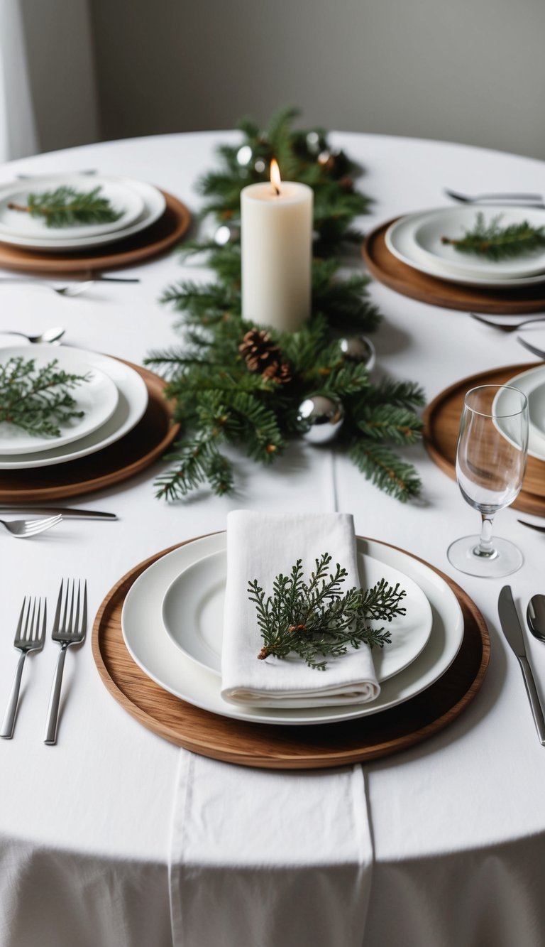 A minimalistic table with white linens, wooden accents, and sprigs of evergreen, adorned with simple white dishware and sleek silver cutlery