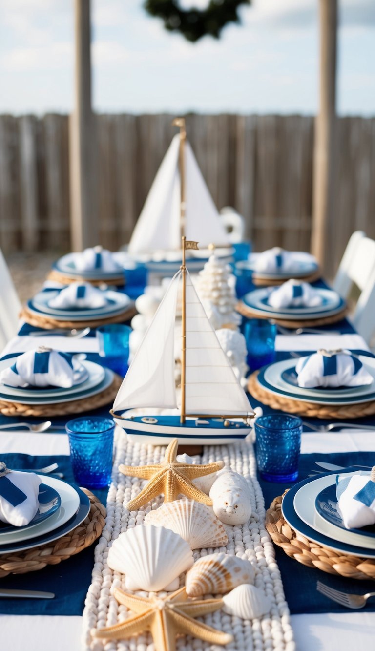 A nautical-themed Christmas table setting with white and blue decorations, adorned with seashells, starfish, and miniature sailboats as centerpieces