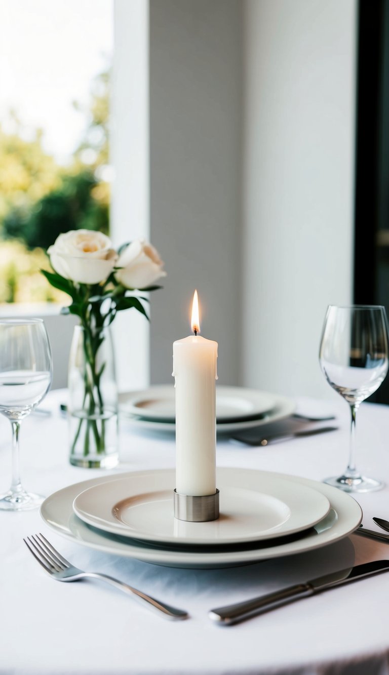 A white table with simple, elegant place settings. A single white candle in a sleek holder. No other decorations