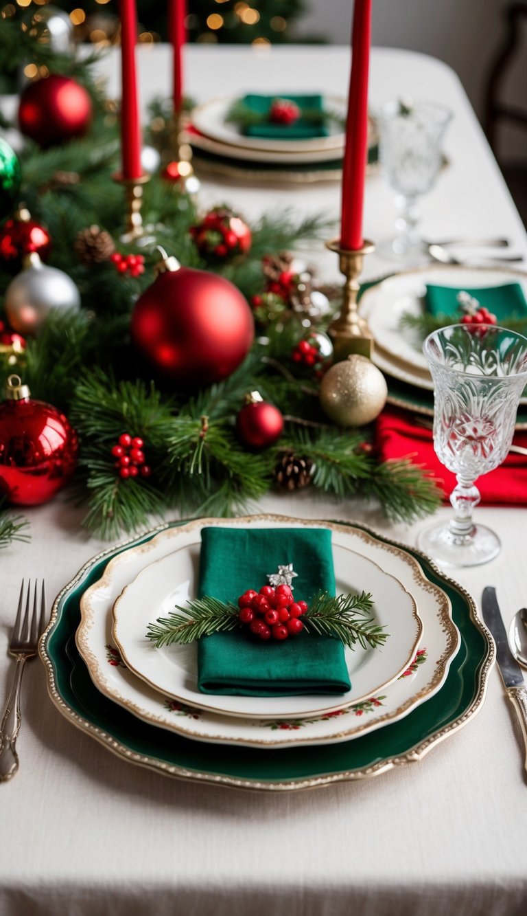 A festive table set with vintage Christmas decor: antique dinnerware, elegant silverware, and classic red and green accents