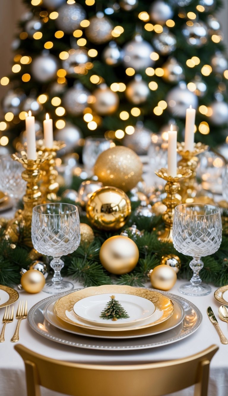 A lavish Christmas table with gold and silver accents, crystal glassware, and elegant dinnerware set against a backdrop of shimmering ornaments and twinkling lights