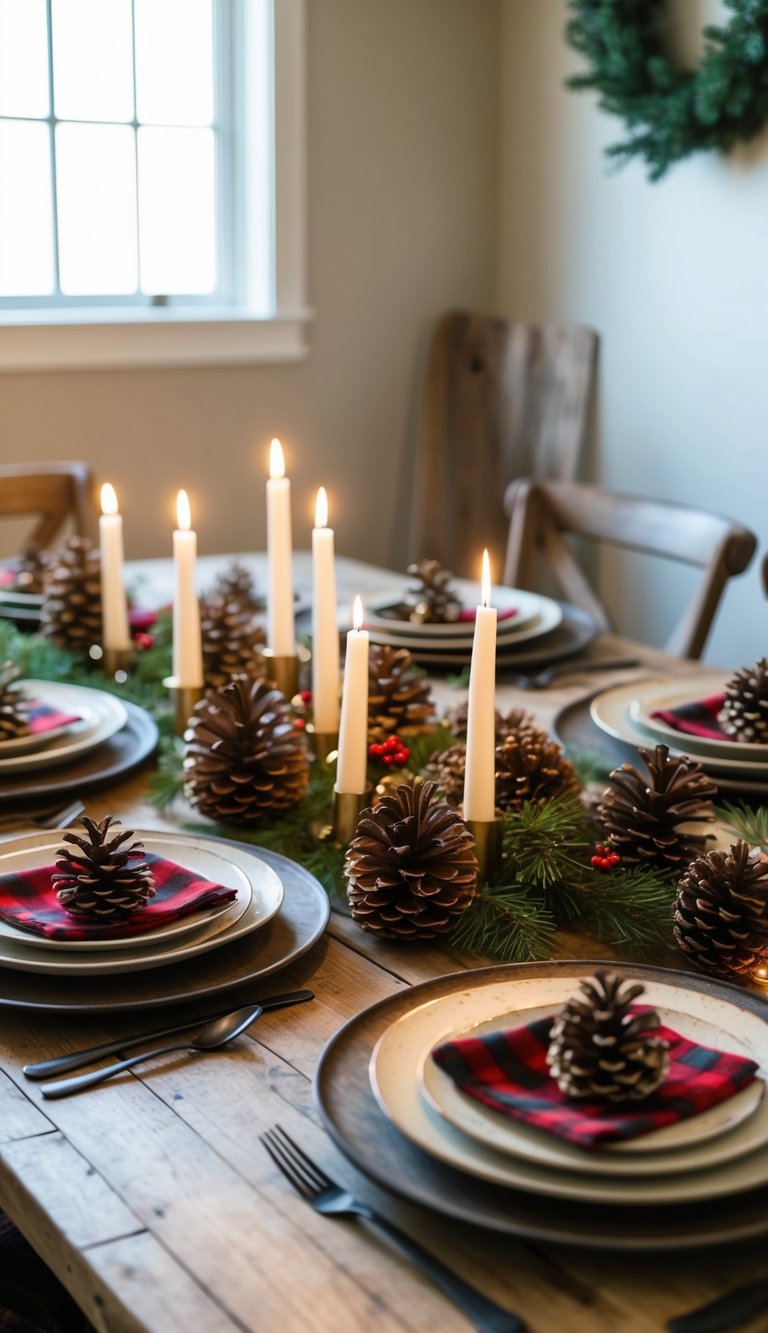 A farmhouse-style Christmas table set with rustic plates, plaid napkins, pine cone centerpieces, and flickering candlelight