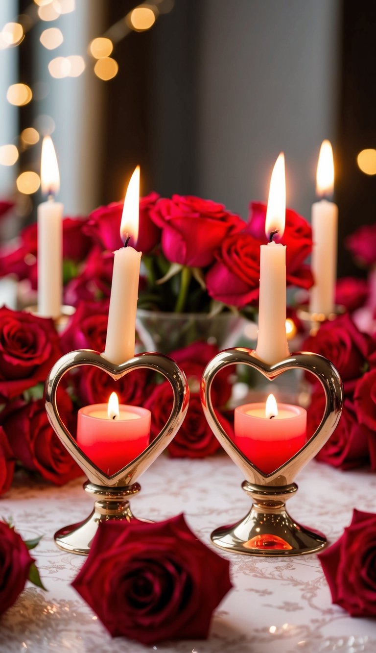 Two heart-shaped candle holders sit on a romantic Valentine's Day table, surrounded by delicate red roses and flickering candlelight