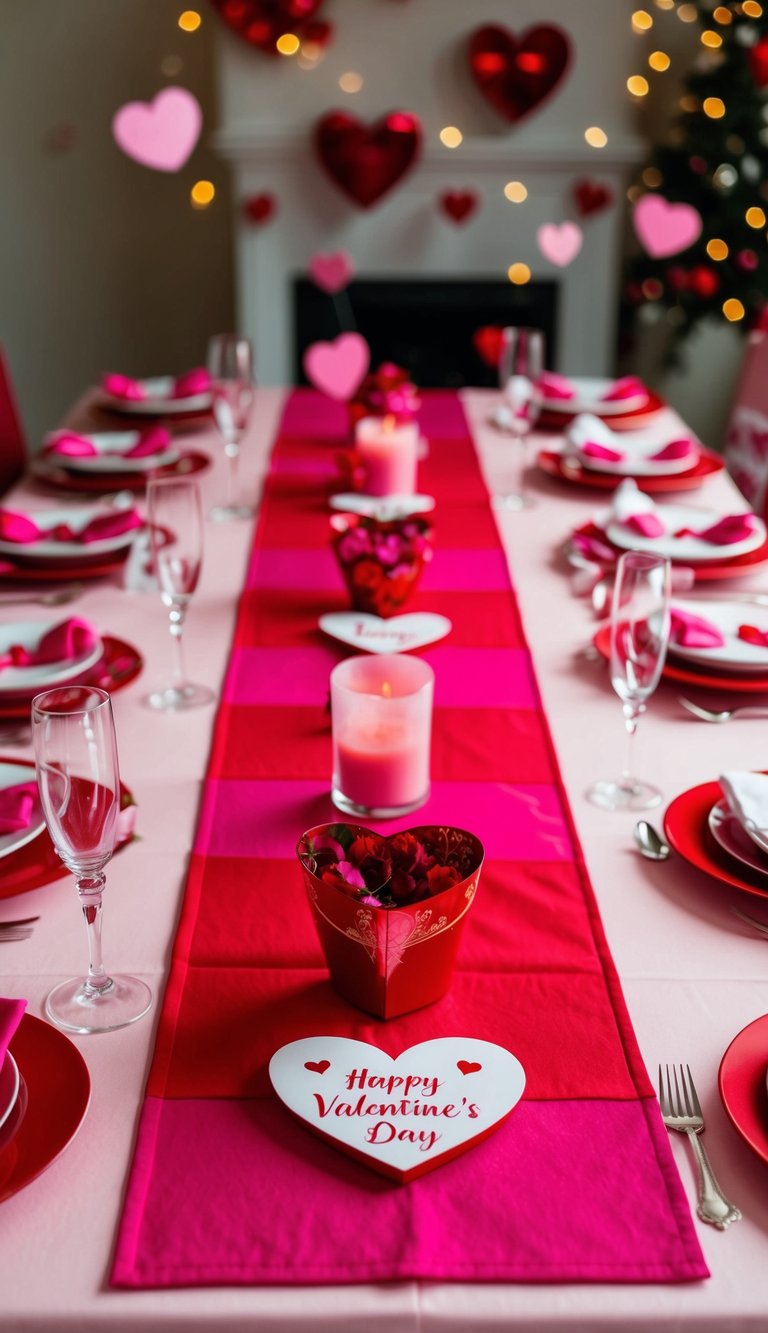 A red and pink table runner lays across a table, adorned with Valentine's Day decorations
