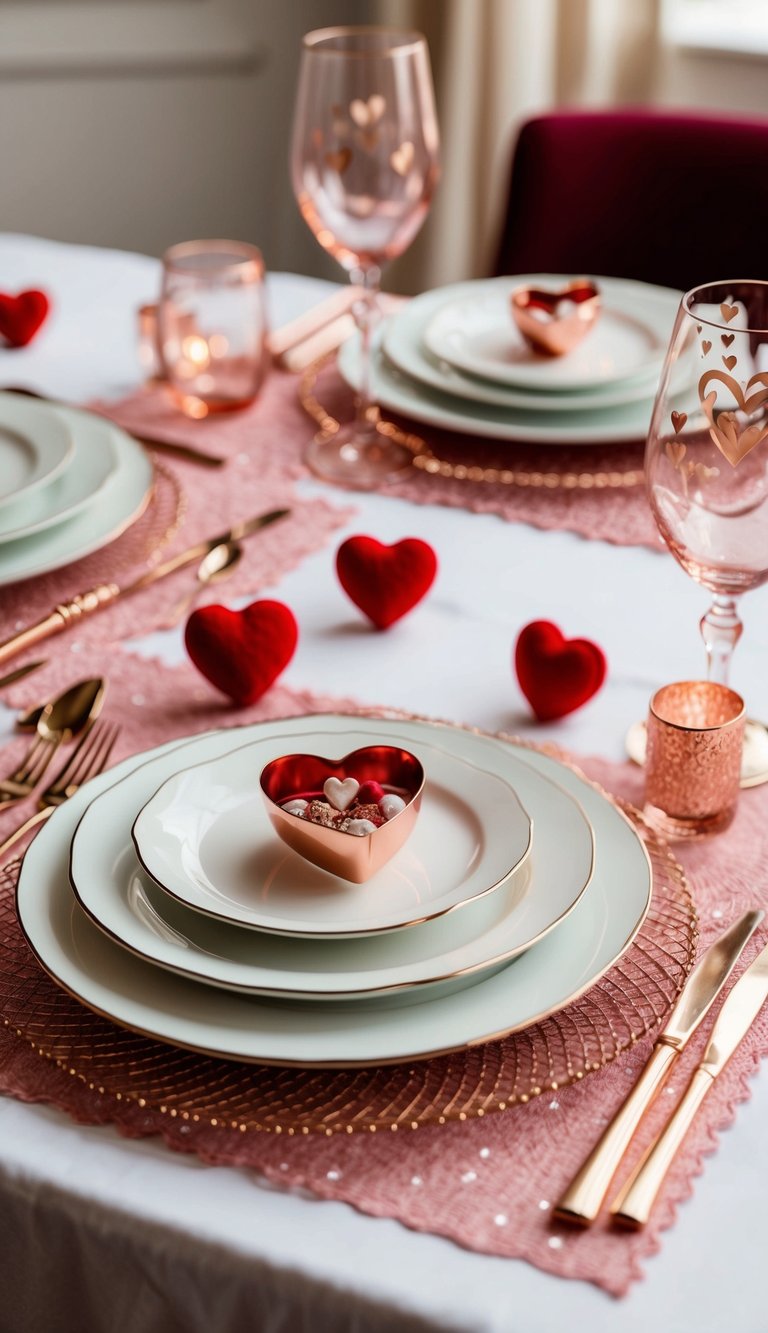 A table set with rose gold cutlery, delicate Valentine's decor