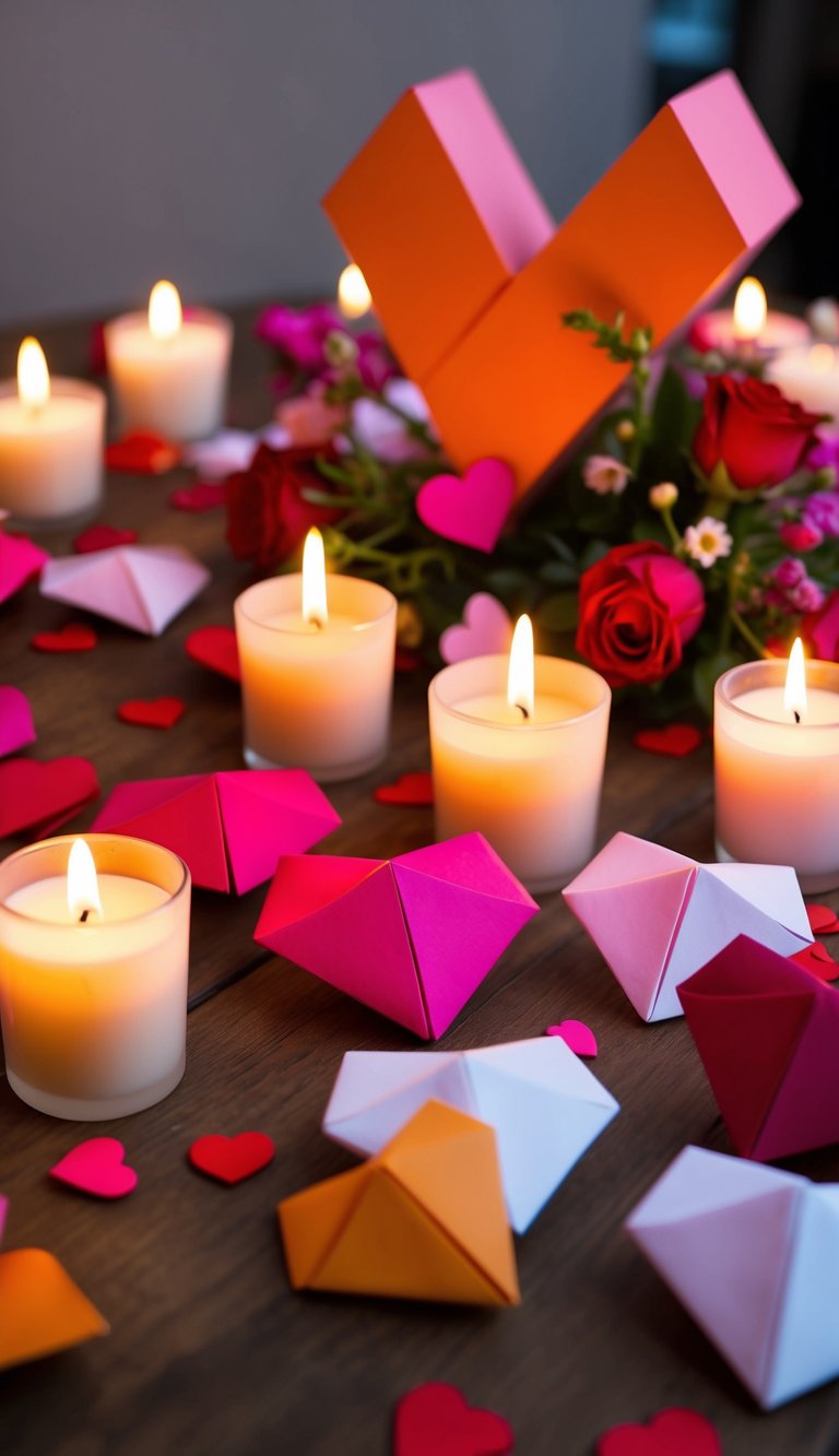 A table adorned with origami hearts in various colors, scattered among candles and flowers, creating a romantic and festive Valentine's Day ambiance