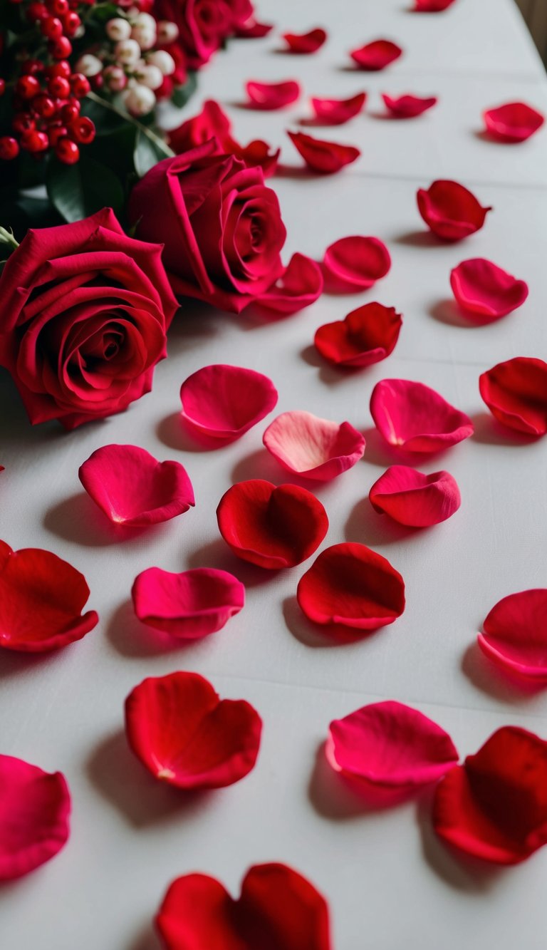 A table adorned with silk rose petals for Valentine's Day decor