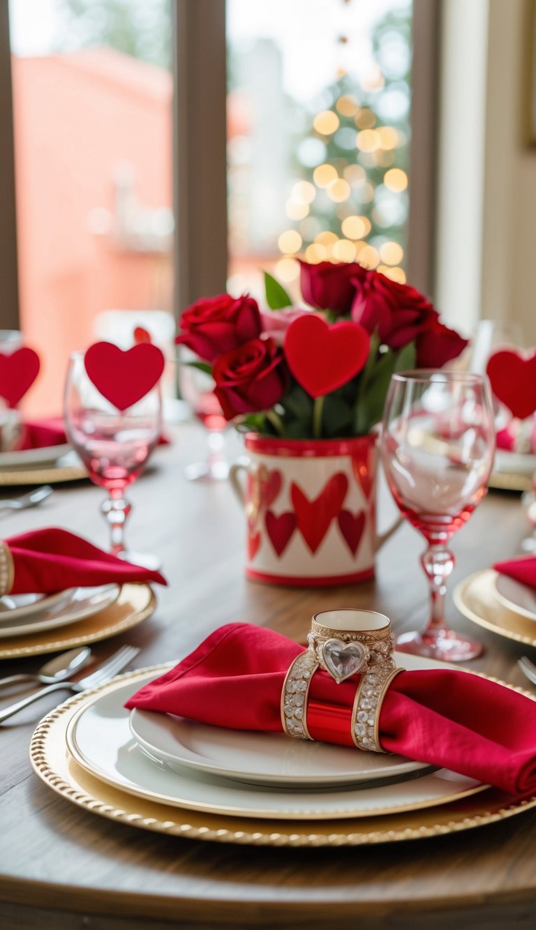 A table set with vintage-style napkin rings and Valentine's decor