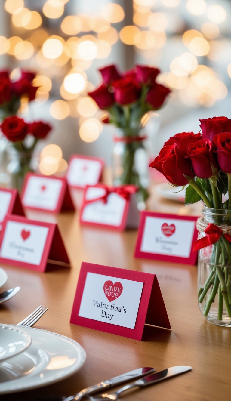 A table adorned with personalized name tags for Valentine's Day
