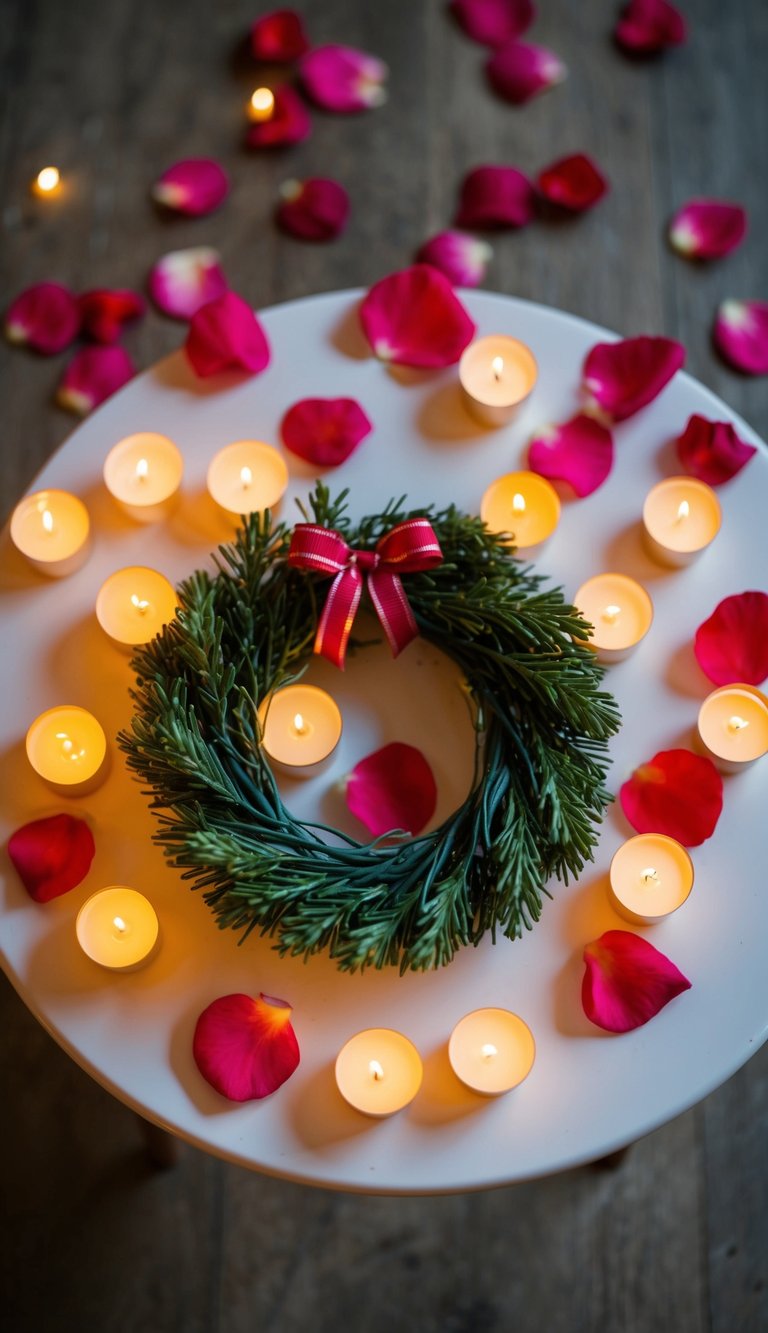 A small Valentine's wreath sits atop a table, surrounded by scattered rose petals and flickering tea lights