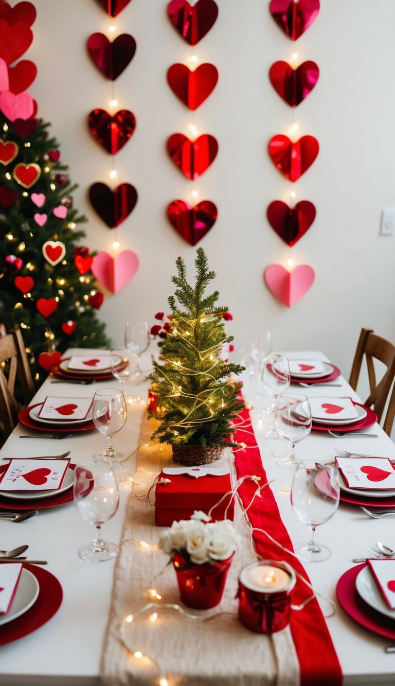 A table adorned with a string light centerpiece, surrounded by Valentine's Day decor
