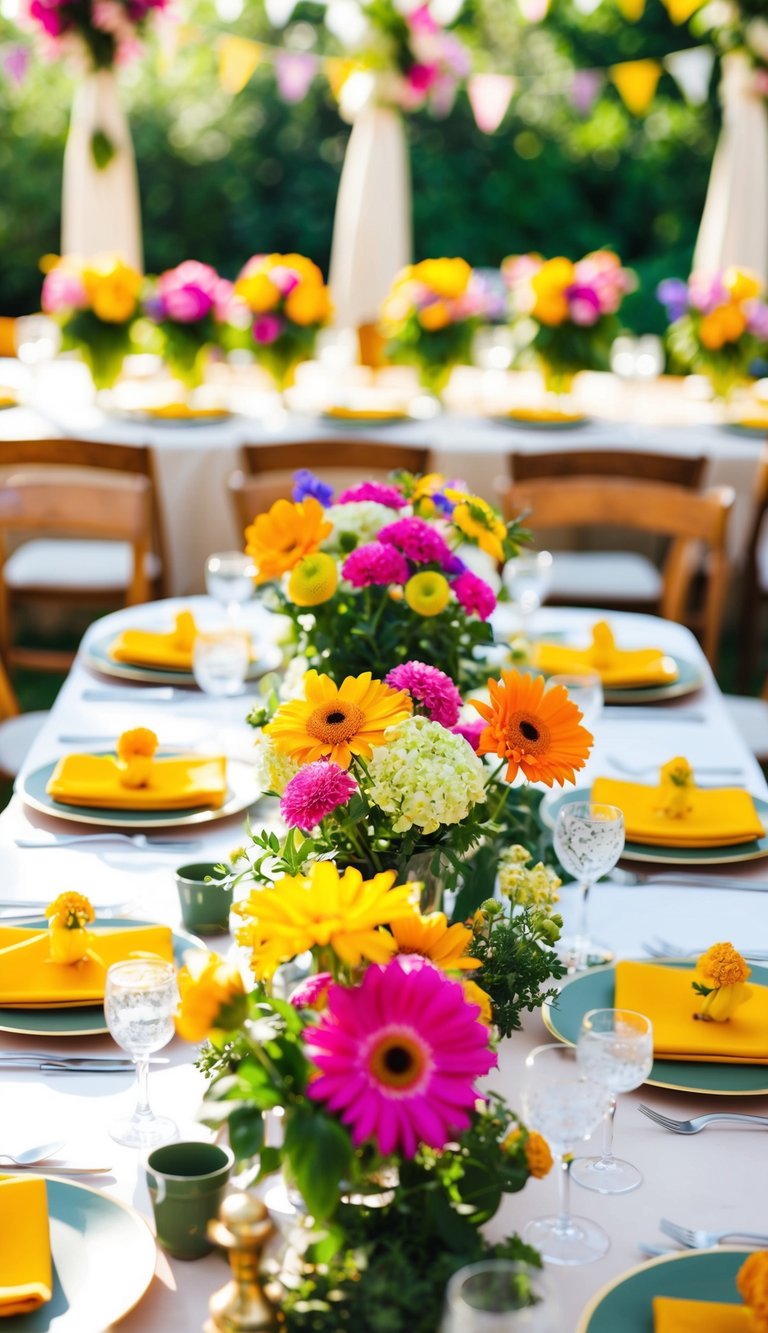 A garden party table is adorned with bright floral centerpieces, creating a vibrant and inviting atmosphere