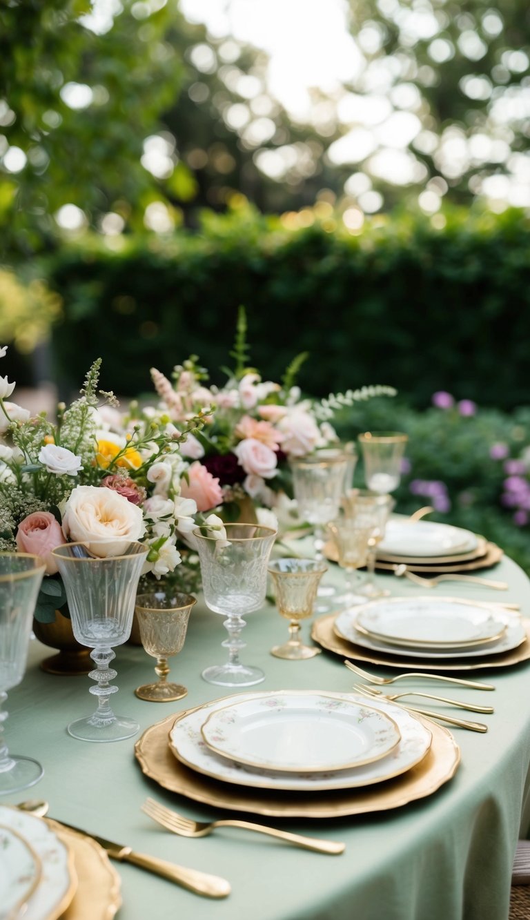 A garden table adorned with vintage glassware, delicate plates, and floral centerpieces