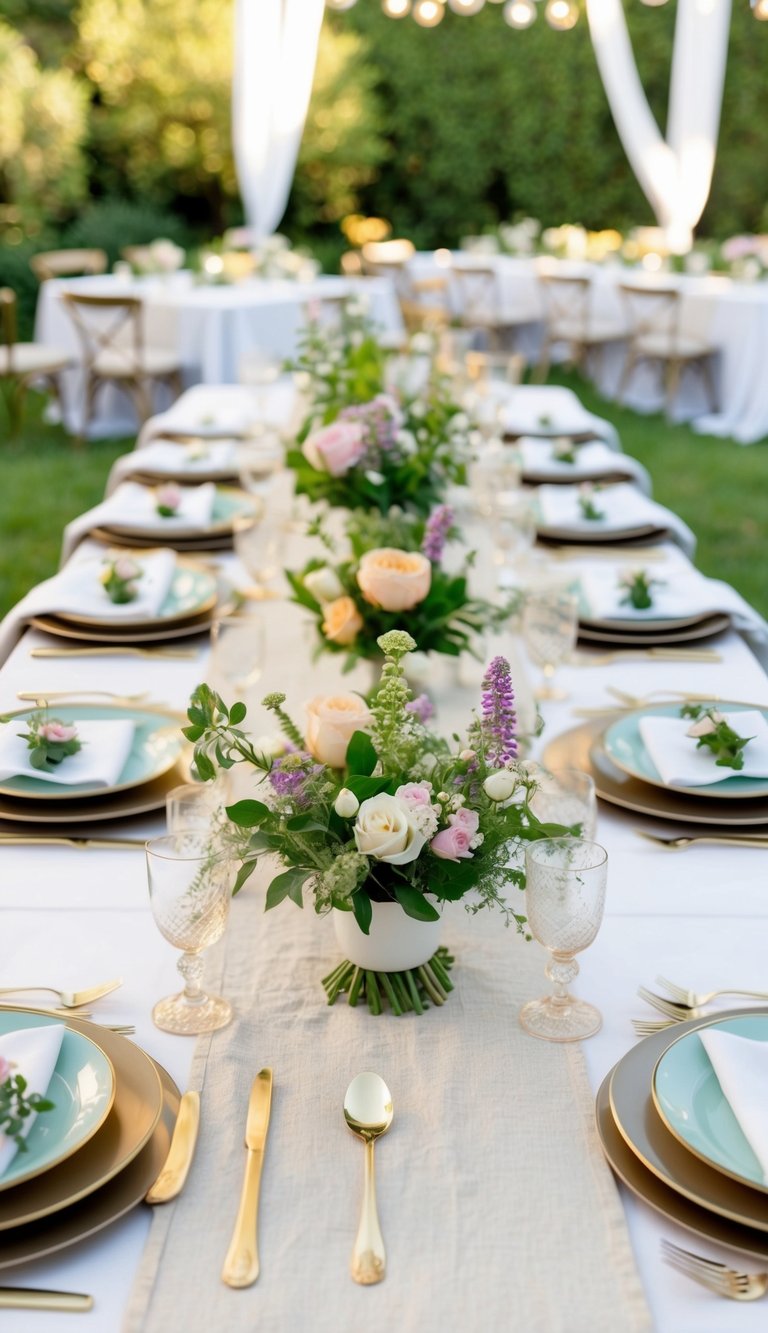 A garden party table setting with linen table runners, adorned with fresh flowers and elegant dinnerware