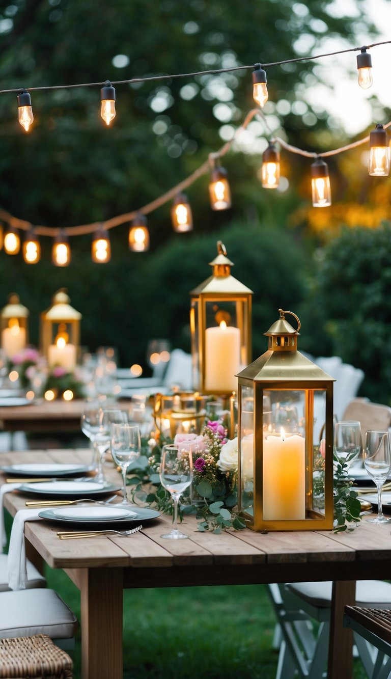 A garden party table adorned with candle lanterns