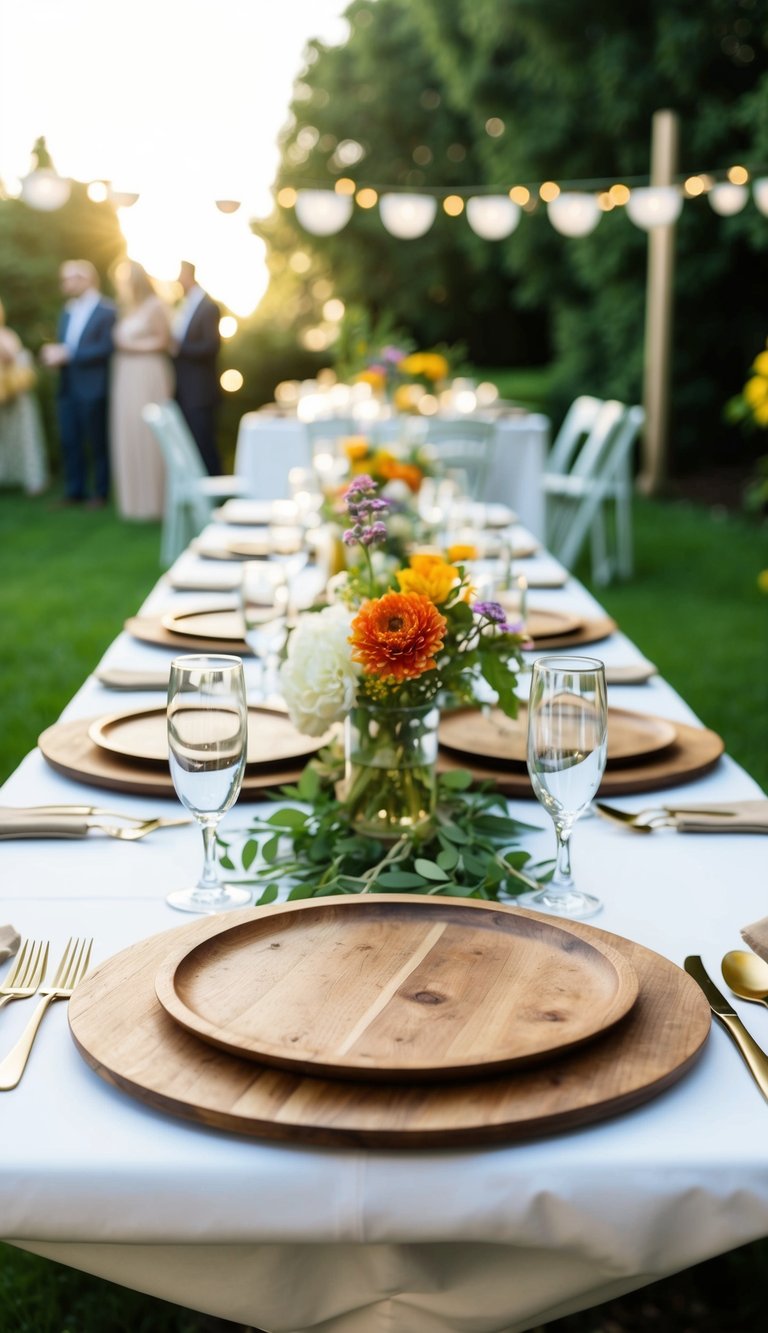 A garden party table set with rustic wooden chargers