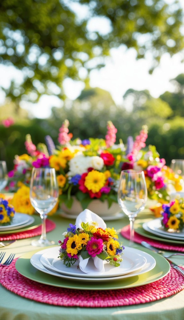 A garden party table set with vibrant, floral napkin rings