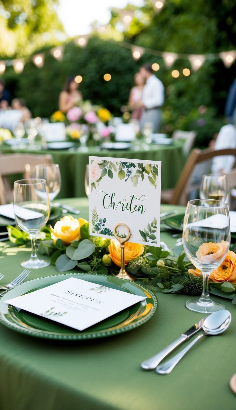 A garden party table set with personalized place cards