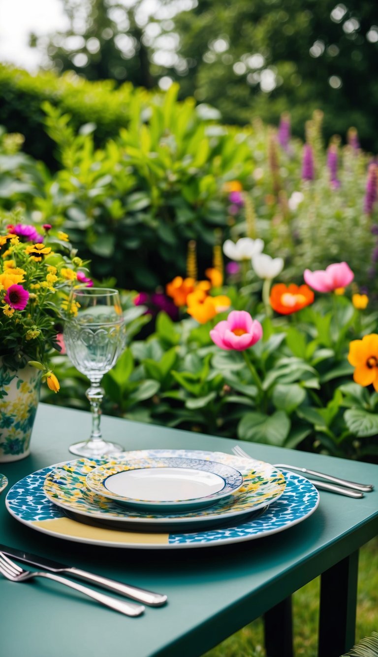 A garden table set with mixed pattern plates, surrounded by lush greenery and colorful flowers