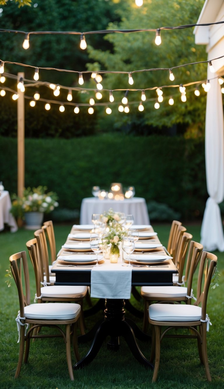 A table set with bistro string lights, surrounded by a garden party ambiance